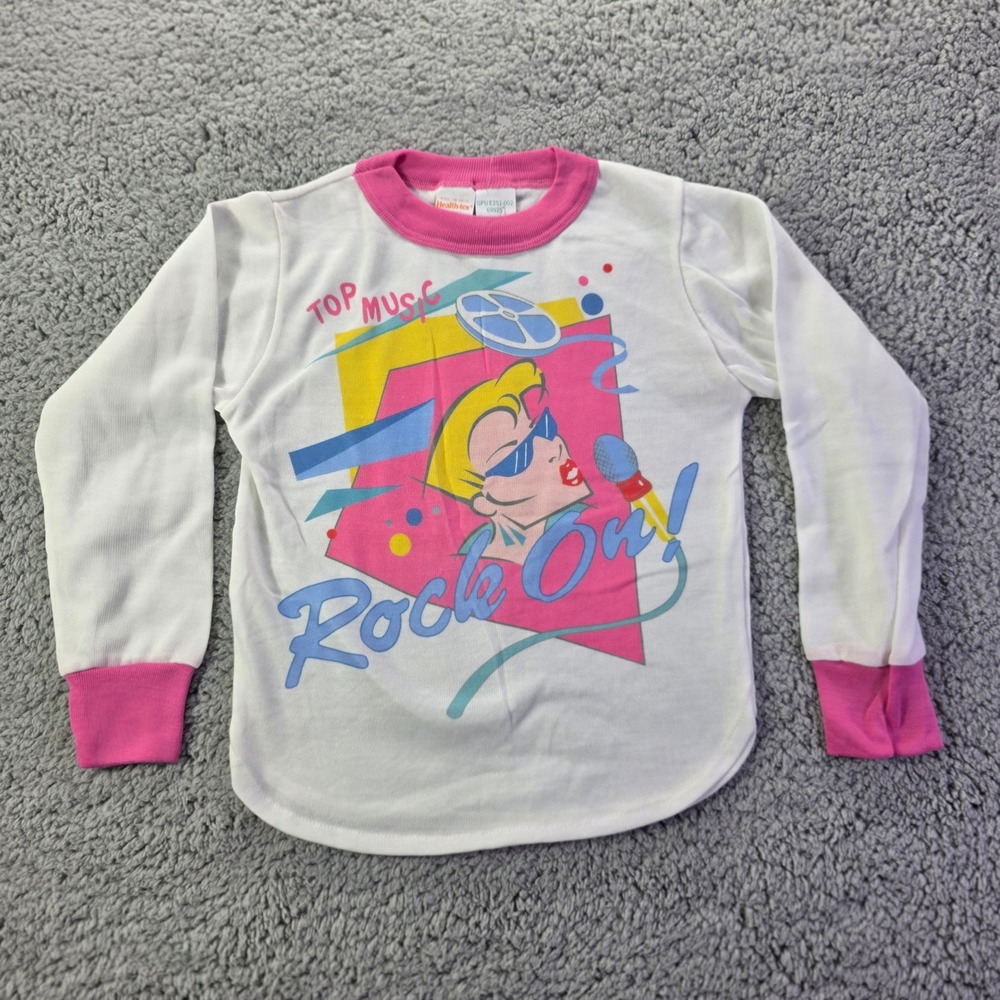 Vintage Health-tex Kids Rock On Graphic Long Sleeve Shirt White Pink Size 6